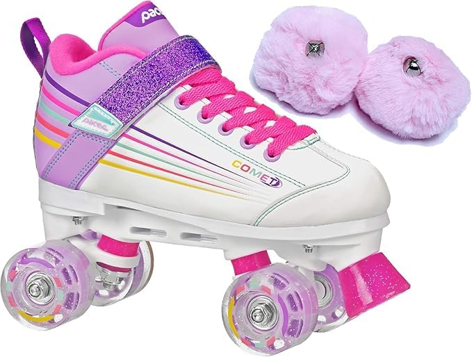 Pacer Comet Kids Light Up Roller Skates Bundle with Baby Pink Poms